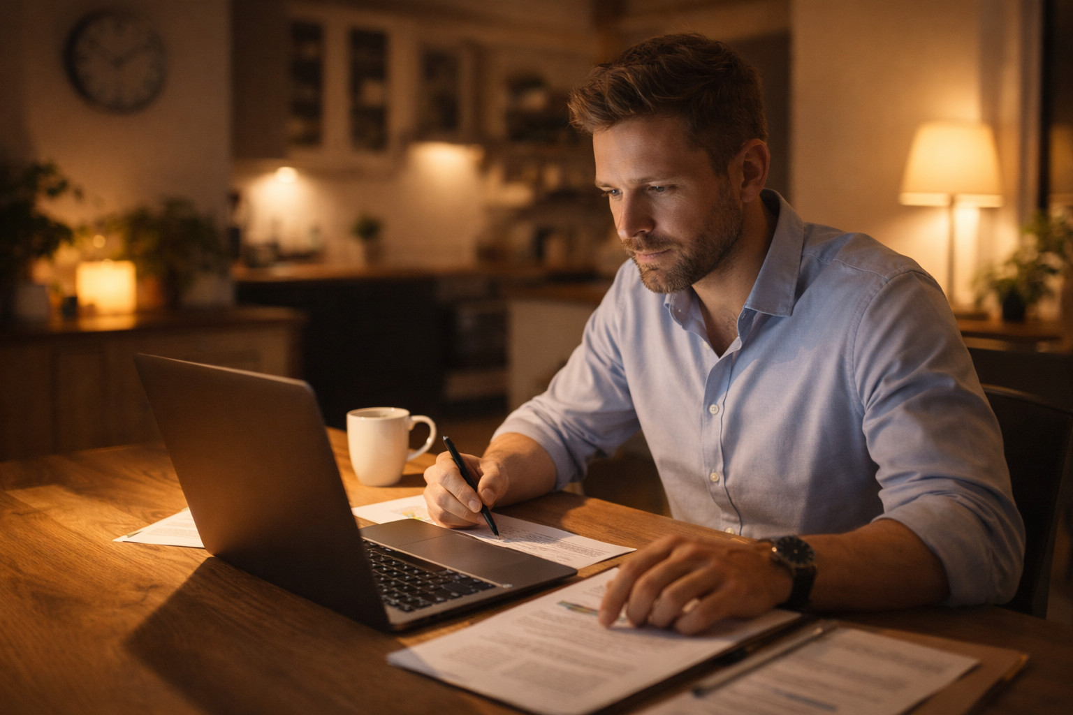 Person arbeitet abends am Laptop und erledigt eine Nebentätigkeit neben dem Hauptjob