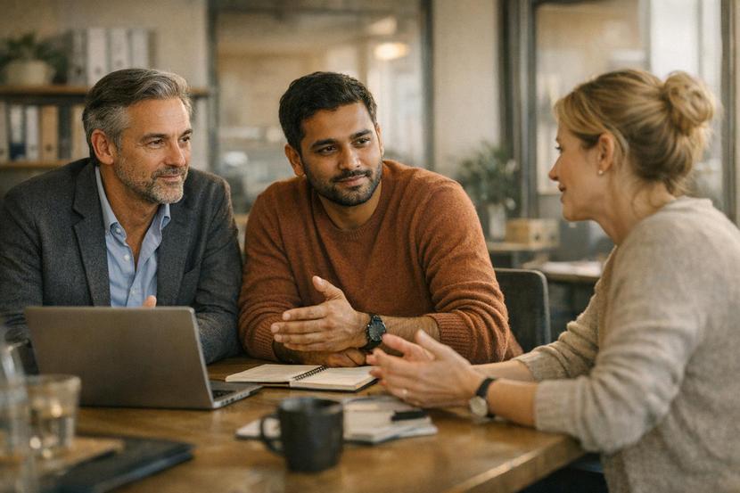 Arbeitsmarkt Deutschland 2026 mit Menschen im Büro und digitaler Technologie