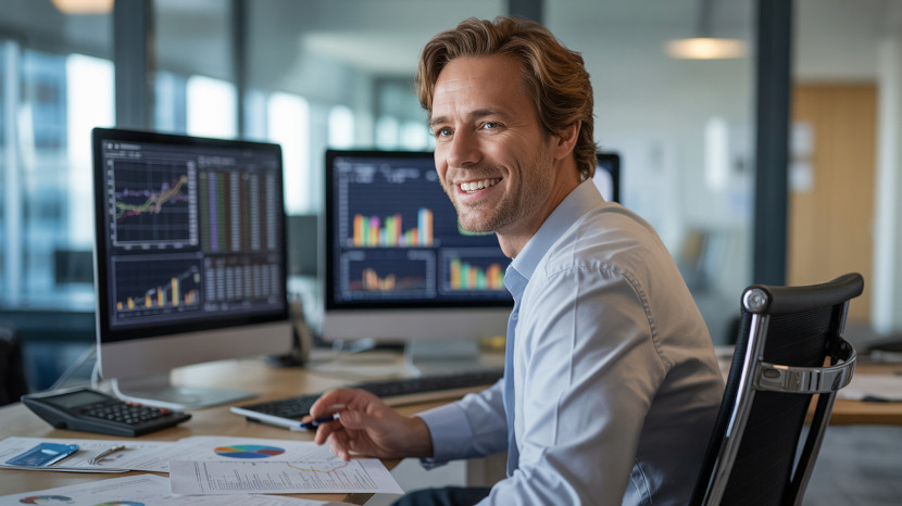 Konjunkturforscher analysiert Wirtschaftsdaten am Computer